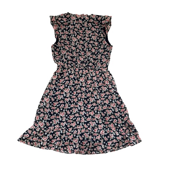 Aqua Floral Mini Dress | Ruffle Hem V-Neck Tie Waist Sleeveless | Size Small - Picture 5 of 6